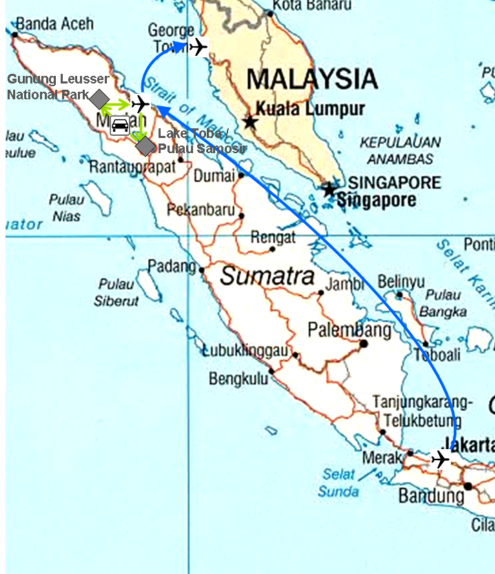 Landkarte und Reiseroute unserer Tour durch Sumatra in Indonesien