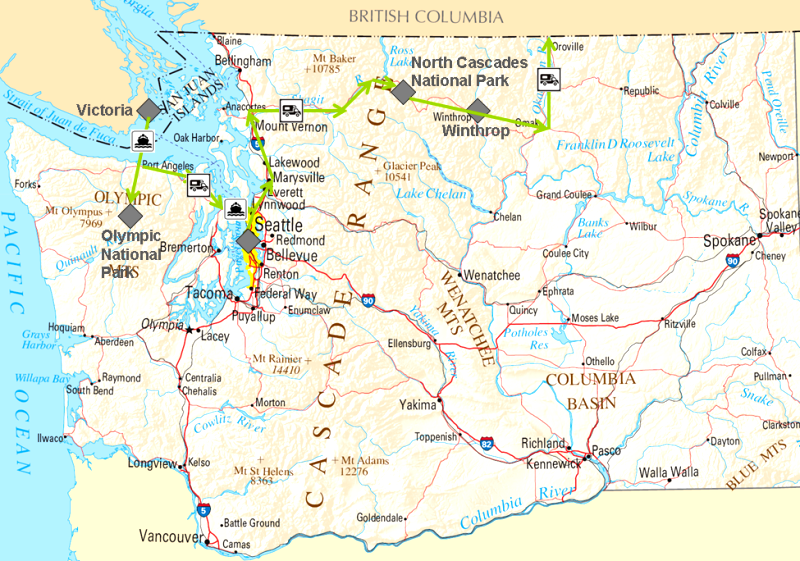 Route unserer Wohnmobil-Reise durch Washington State im Nordwesten der USA