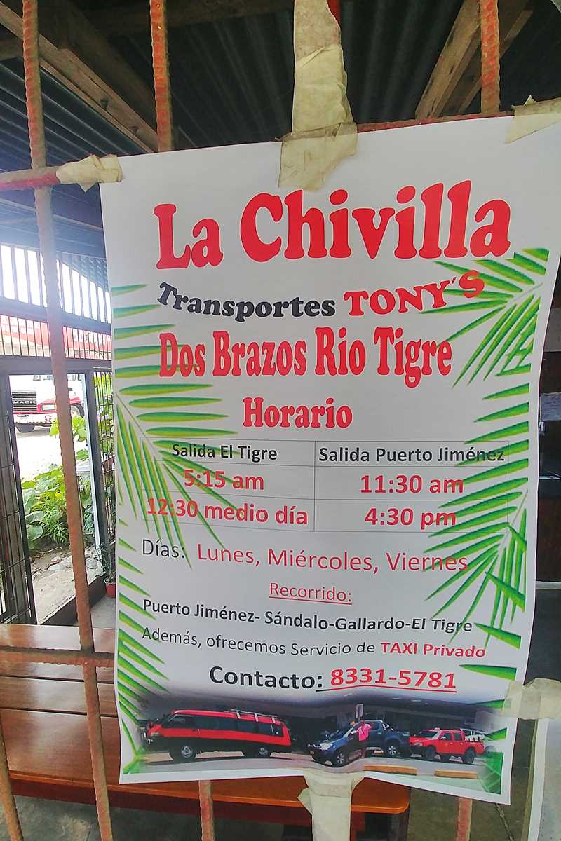 Fahrplan der Busse in Costa Rica von Puerto Jimenez nach Dos Brazos