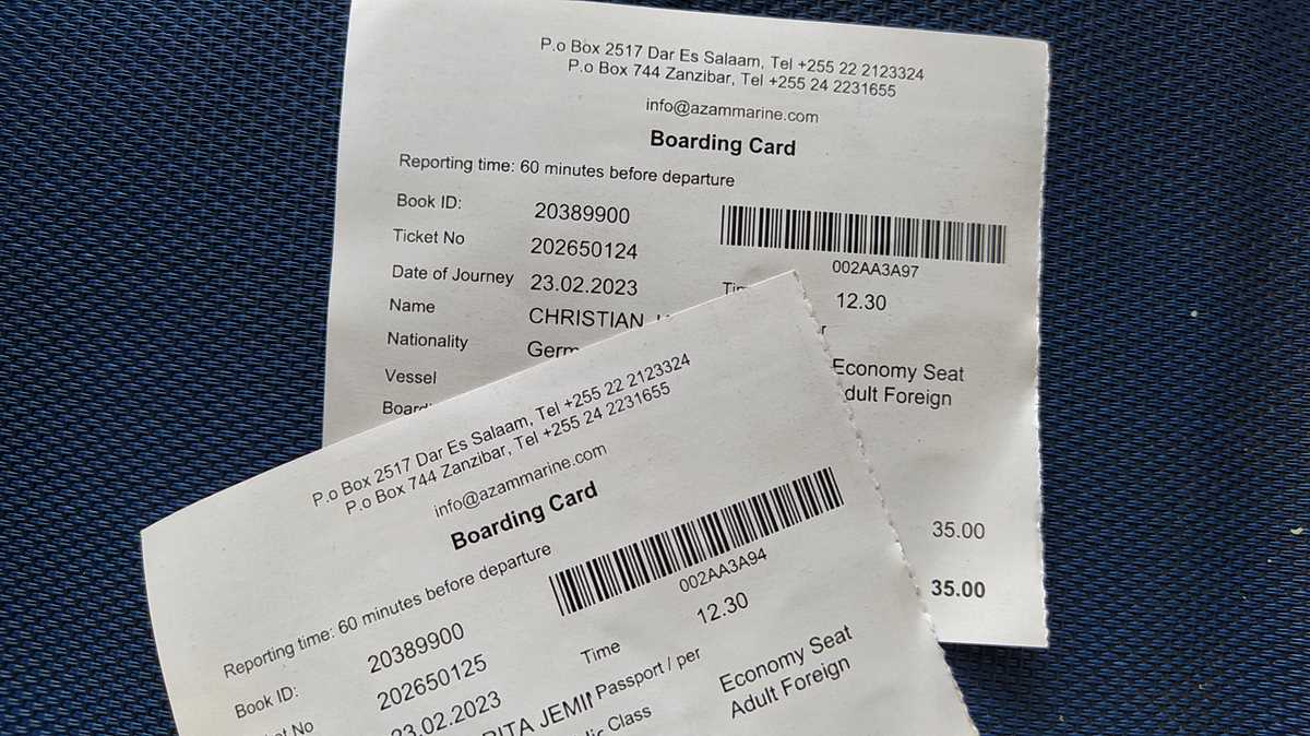 Unsere Tickets für die Fähre von Daressalam nach Sansibar